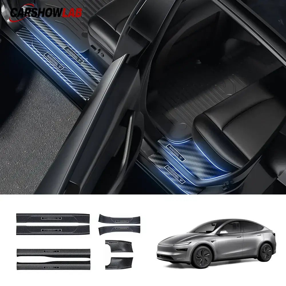 Carbon Fiber Door Sill Scuff Plates for 2025 Tesla Model Y Juniper | 8-Piece - 8-Piece Set - Tesla Interior