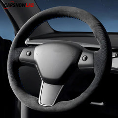 Tesla Model 3 Highland 2025+ Alcantara Steering Wheel Wrap - Custom Hand-Stitched - Tesla Interior Accessories >