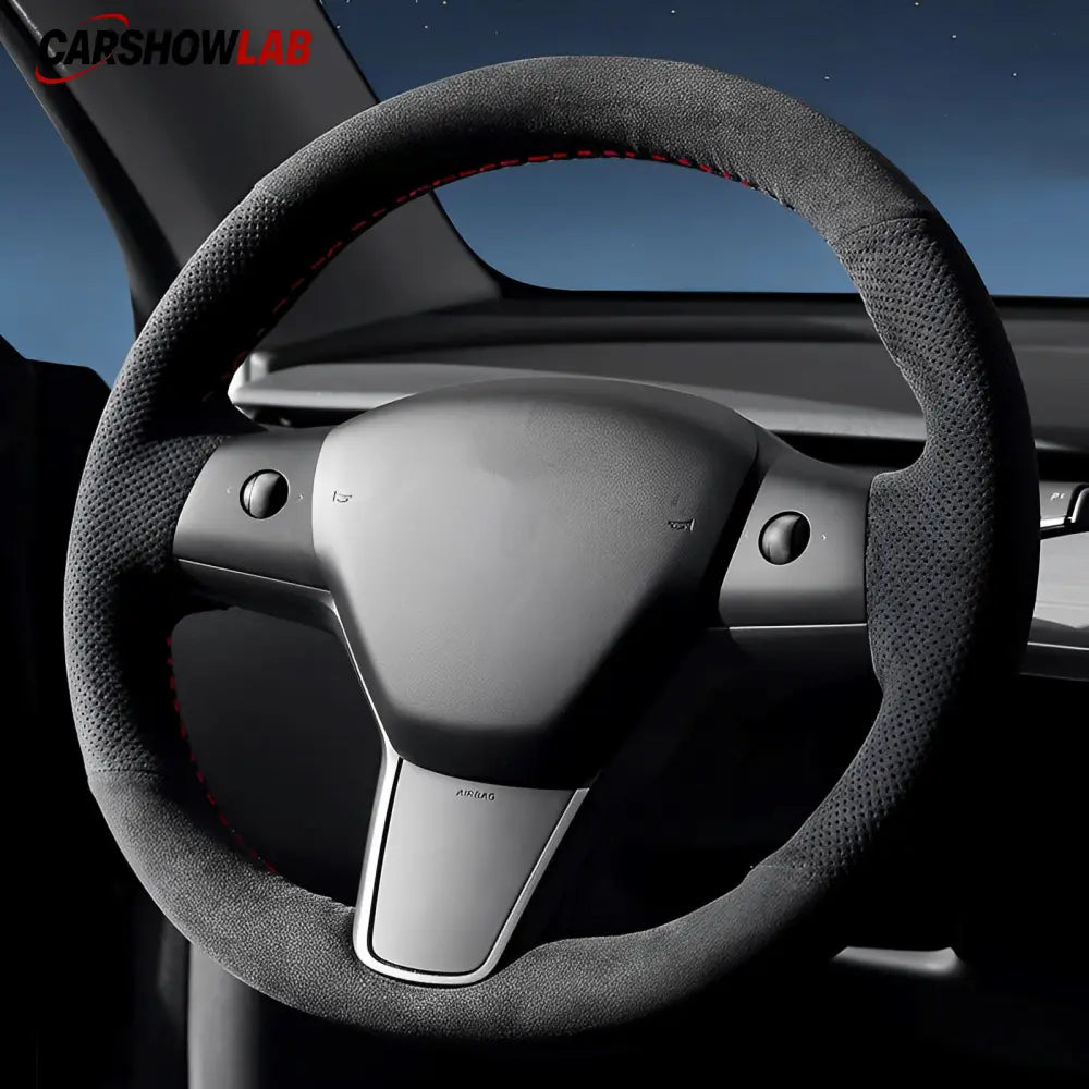 Tesla Model 3 Highland 2025+ Alcantara Steering Wheel Wrap - Custom Hand-Stitched - Tesla Interior Accessories >