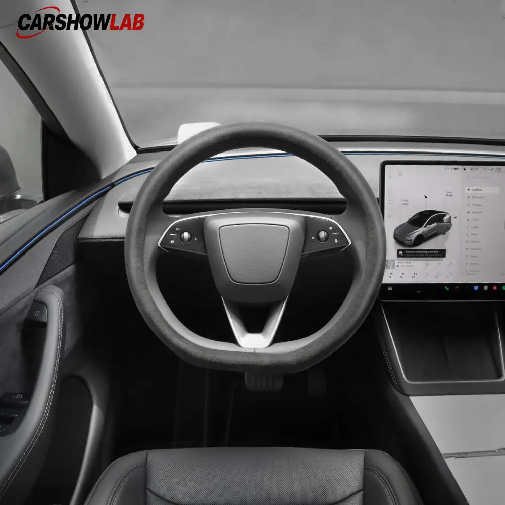 Tesla Model 3 Highland 2025+ Alcantara Steering Wheel Wrap - Custom Hand-Stitched - Tesla Interior Accessories >