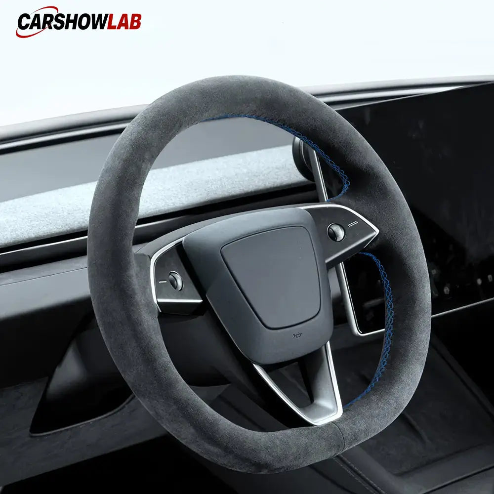 Tesla Model 3 Highland 2025+ Alcantara Steering Wheel Wrap - Custom Hand-Stitched - Tesla Interior Accessories >