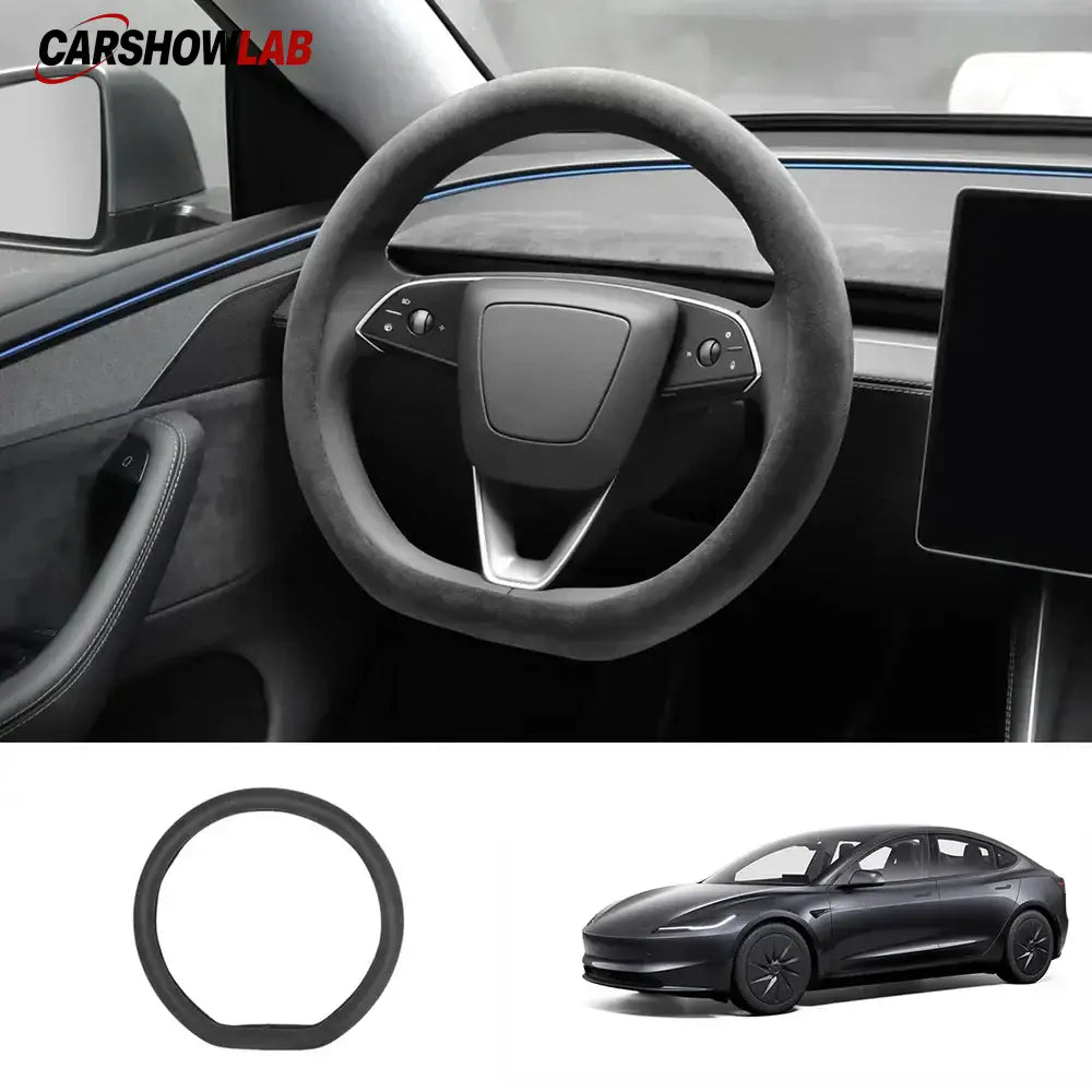 Tesla Model 3 Highland 2025+ Alcantara Steering Wheel Wrap - Custom Hand-Stitched - Tesla Interior Accessories >