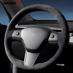 Tesla Model 3 Highland 2025+ Alcantara Steering Wheel Wrap - Custom Hand-Stitched - Tesla Interior Accessories >