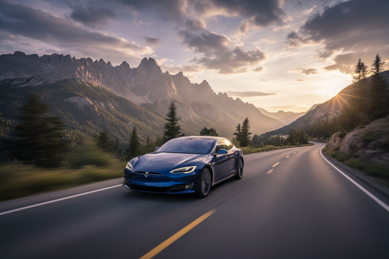 帮我生成一个tesla 汽车 飞驰的样子 特斯拉在中间 占比不要很大 30%  环境占比大一点