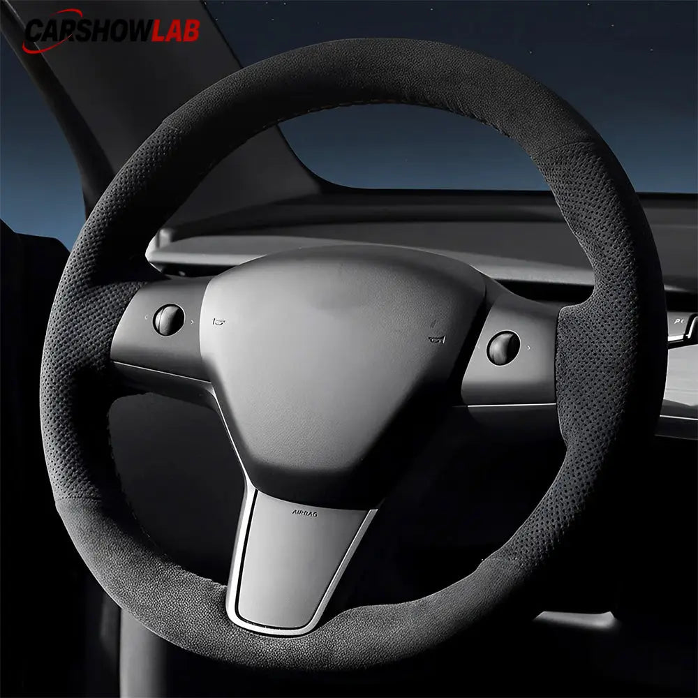 Tesla Model 3 Highland 2025+ Alcantara Steering Wheel Wrap - Custom Hand-Stitched - Tesla Interior Accessories >
