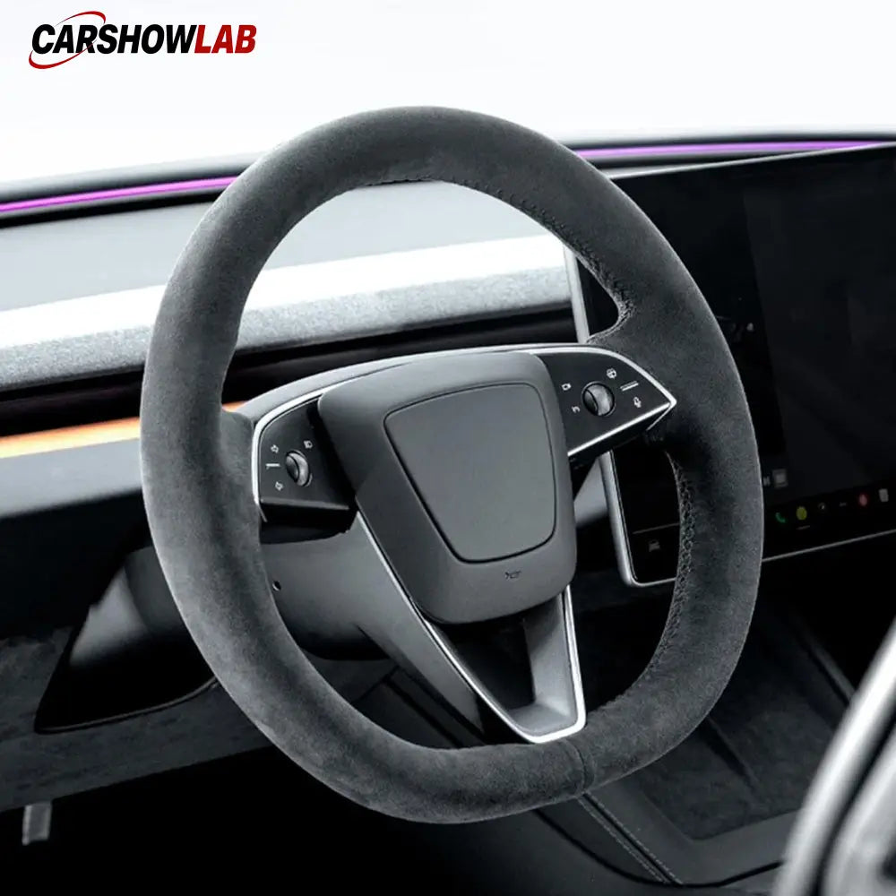 Tesla Model 3 Highland 2025+ Alcantara Steering Wheel Wrap - Custom Hand-Stitched - Tesla Interior Accessories >