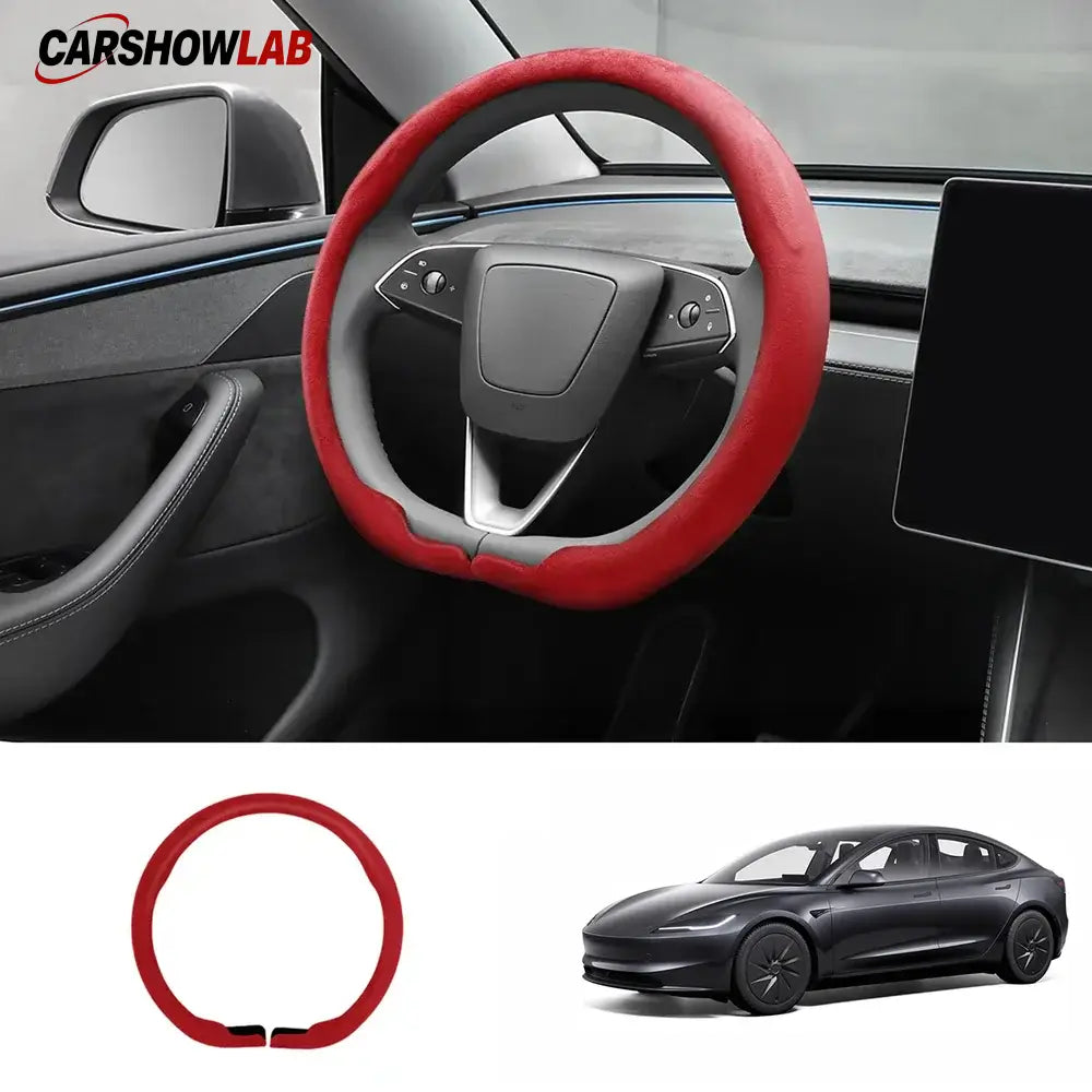 Tesla Model 3 Highland 2025+ Alcantara Steering Wheel Wrap - Custom Hand-Stitched - Tesla Interior Accessories >