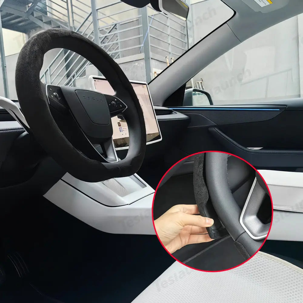 Tesla Model 3 Highland 2025+ Alcantara Steering Wheel Wrap - Custom Hand-Stitched - Tesla Interior Accessories >