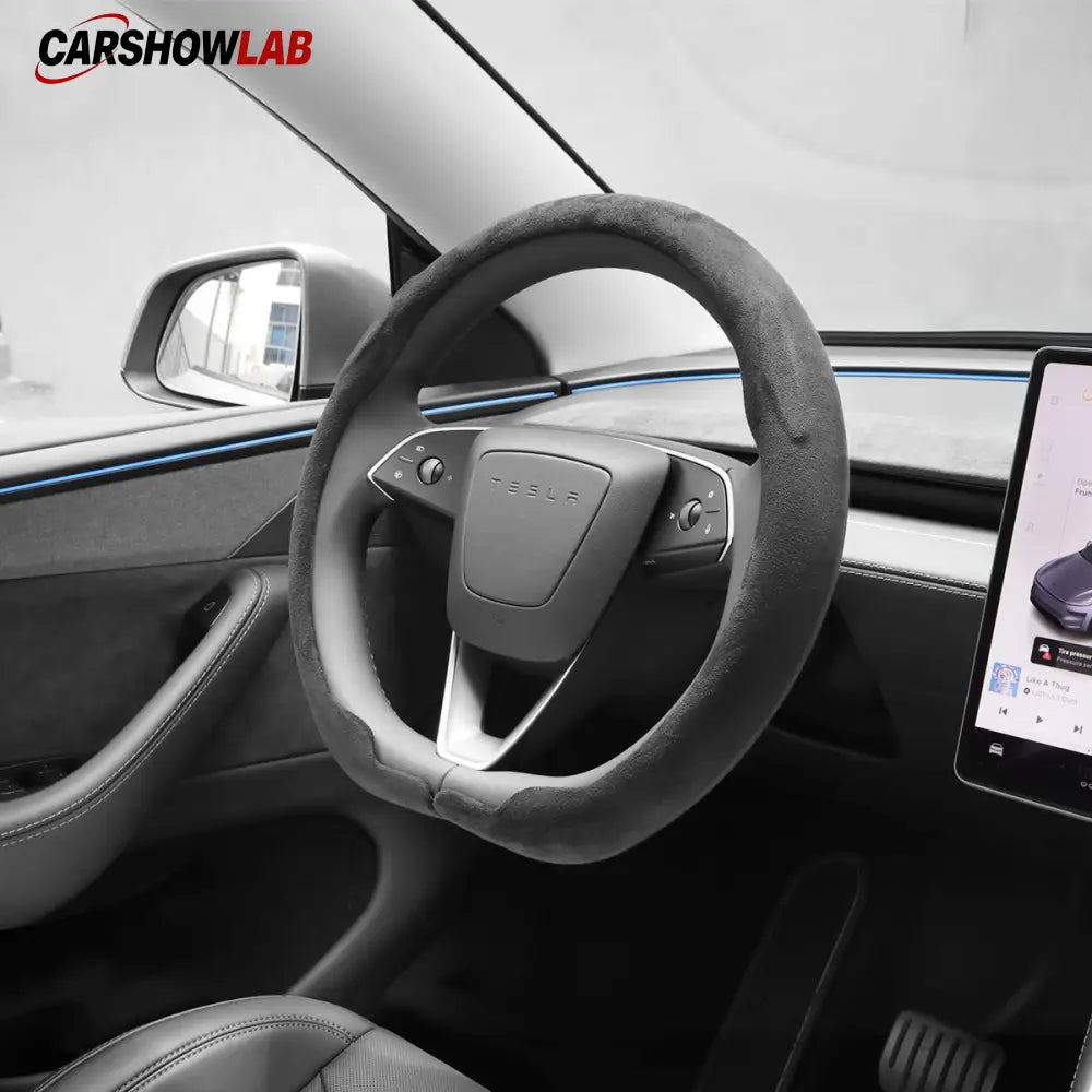 Tesla Model 3 Highland 2025+ Alcantara Steering Wheel Wrap - Custom Hand-Stitched - Tesla Interior Accessories >