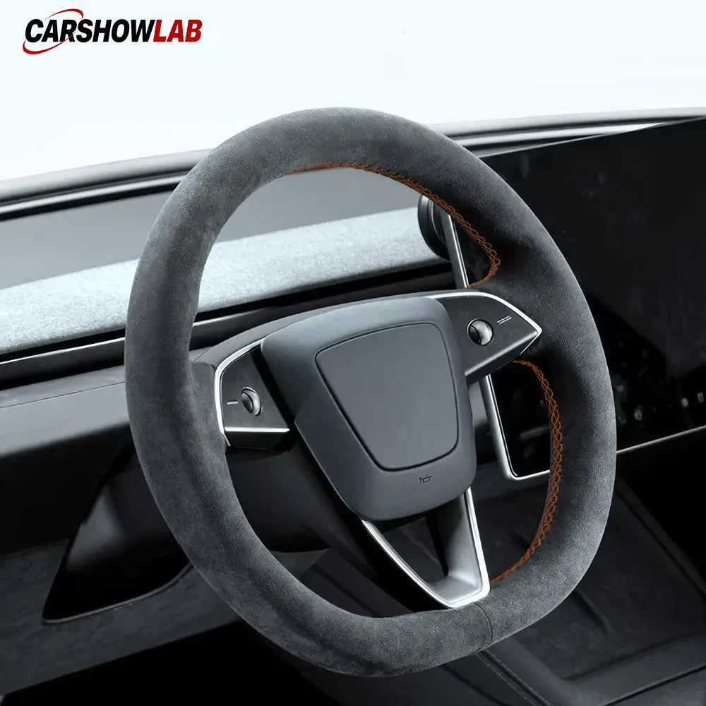 Tesla Model 3 Highland 2025+ Alcantara Steering Wheel Wrap - Custom Hand-Stitched - Tesla Interior Accessories >
