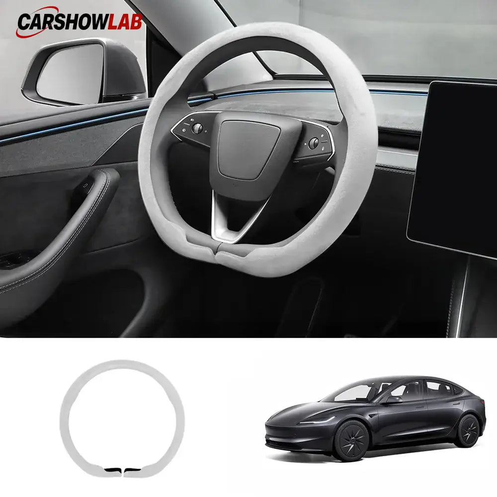 Tesla Model 3 Highland 2025+ Alcantara Steering Wheel Wrap - Custom Hand-Stitched - Tesla Interior Accessories >