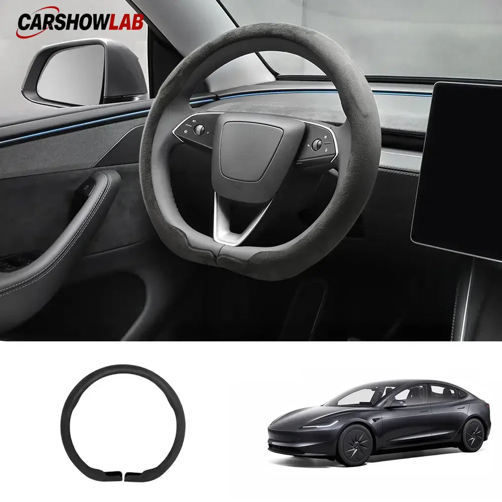 Tesla Model 3 Highland 2025+ Alcantara Steering Wheel Wrap - Custom Hand-Stitched - Tesla Interior Accessories >