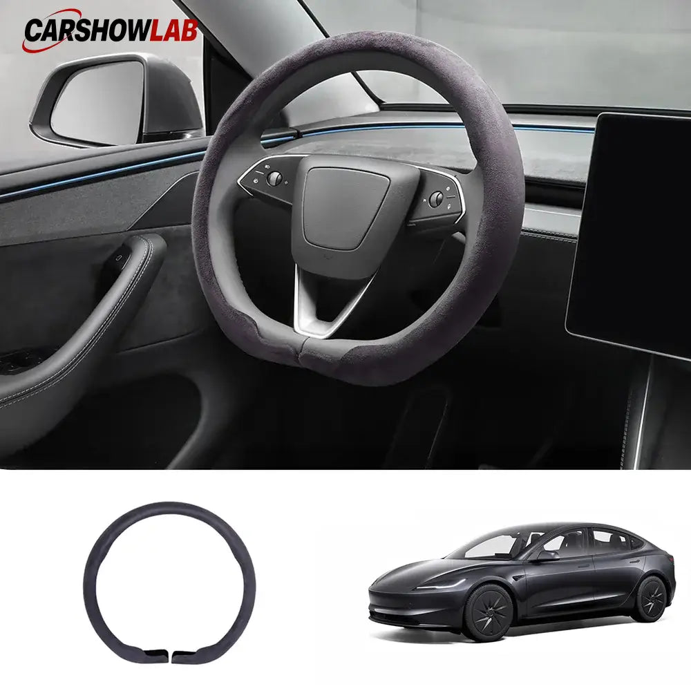 Tesla Model 3 Highland 2025+ Alcantara Steering Wheel Wrap - Custom Hand-Stitched - Tesla Interior Accessories >