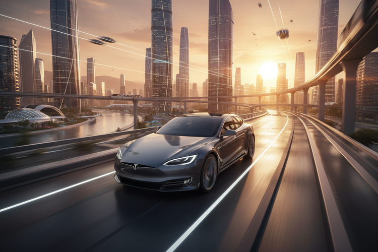 
建议图像大小：宽度 x 高度 (1880 x 720)px  帮我生成一个tesla汽车飞驰的场景 特斯拉在中间 30%占比 外围环境大一点 占比70% 高端一点